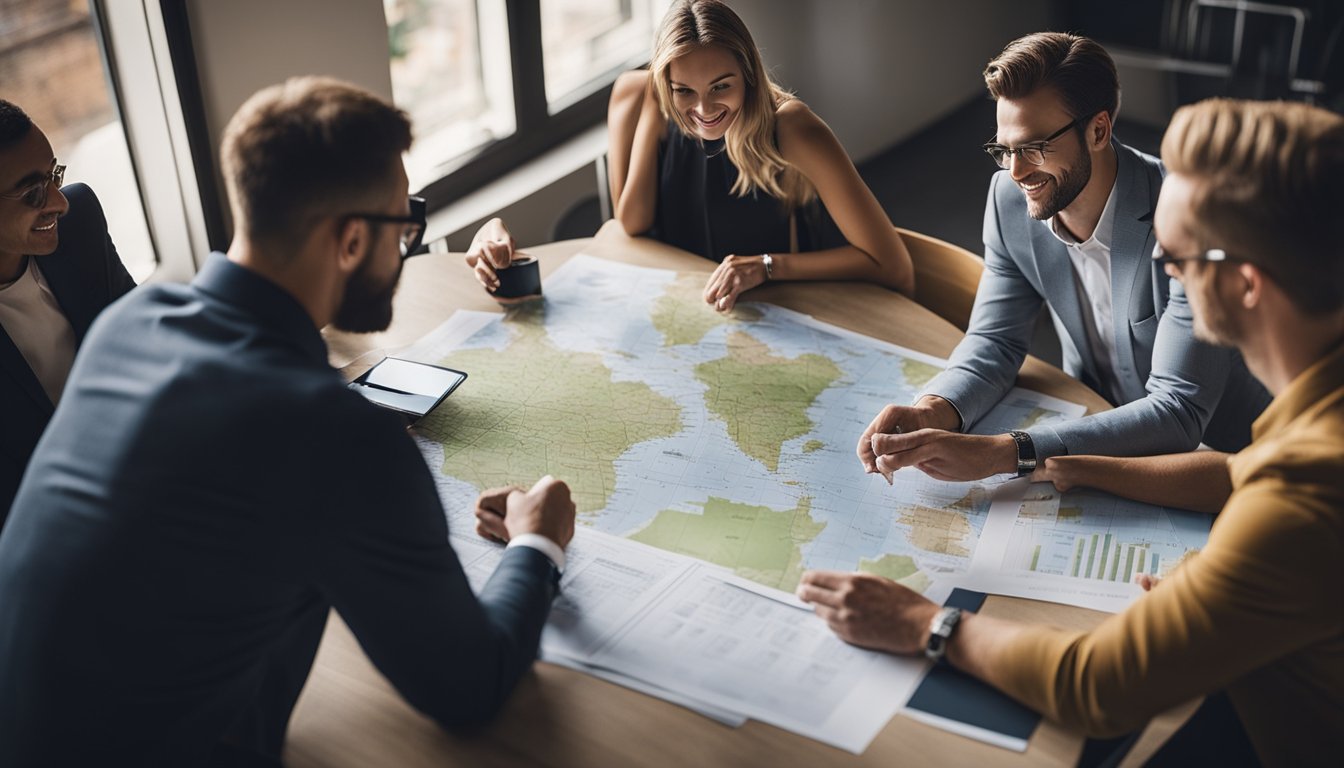 A group of small business owners gather around a table, discussing sustainable transport grants. Maps and charts are spread out as they brainstorm ideas