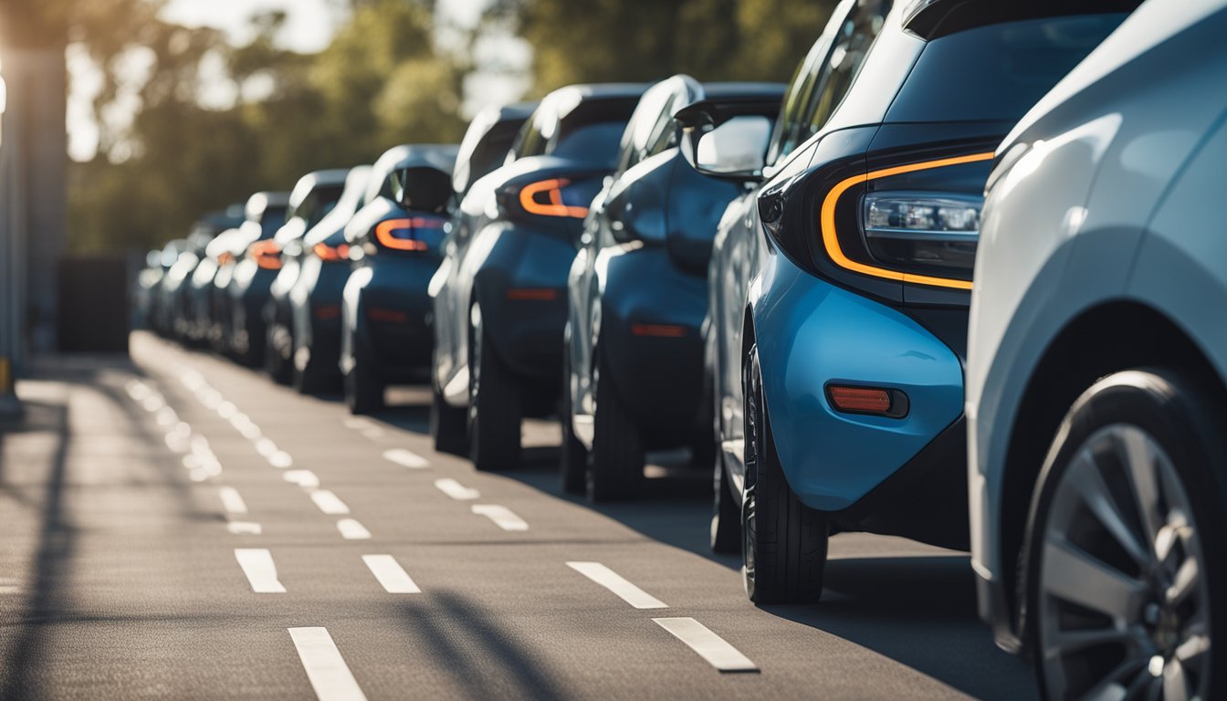 A row of electric vehicles lined up for maintenance, with technicians inspecting batteries and charging systems for optimal performance