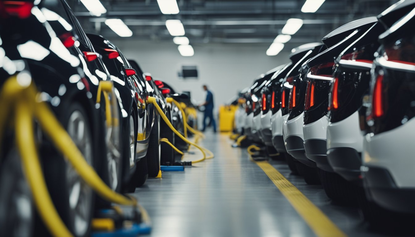 A row of electric vehicles lined up for maintenance, with technicians inspecting batteries and performing routine checks