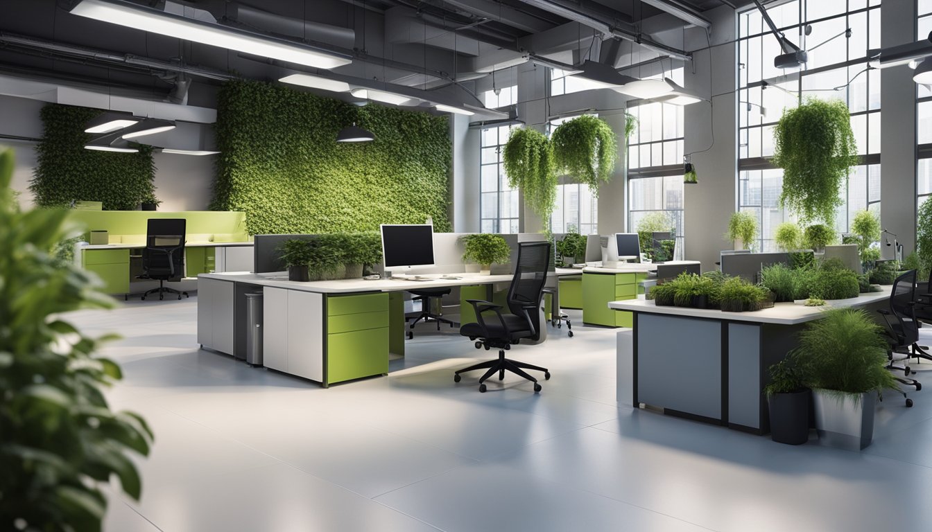 An office space with energy-efficient lighting, recycling bins, and eco-friendly furniture. Solar panels on the roof and indoor plants add to the sustainable atmosphere