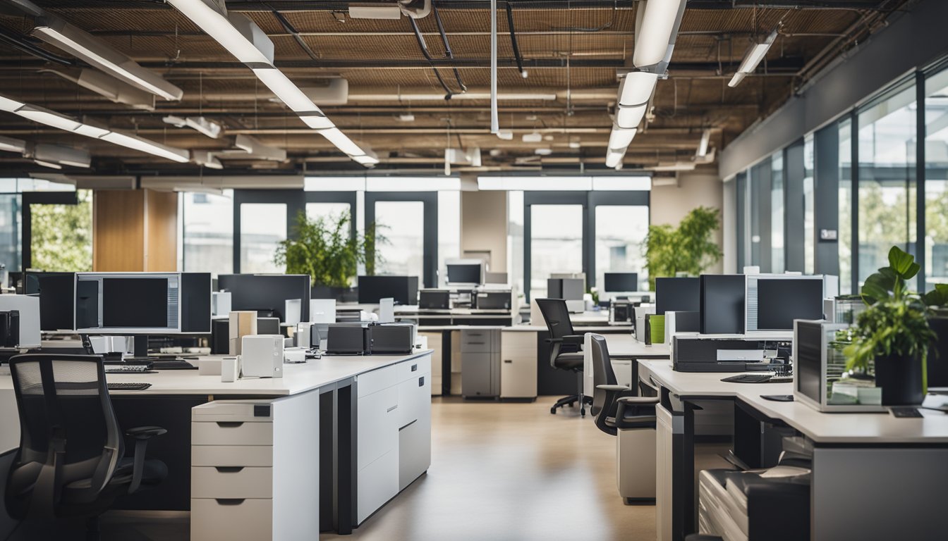 A modern office setting with eco-friendly equipment such as solar-powered printers, energy-efficient computers, and recycling stations