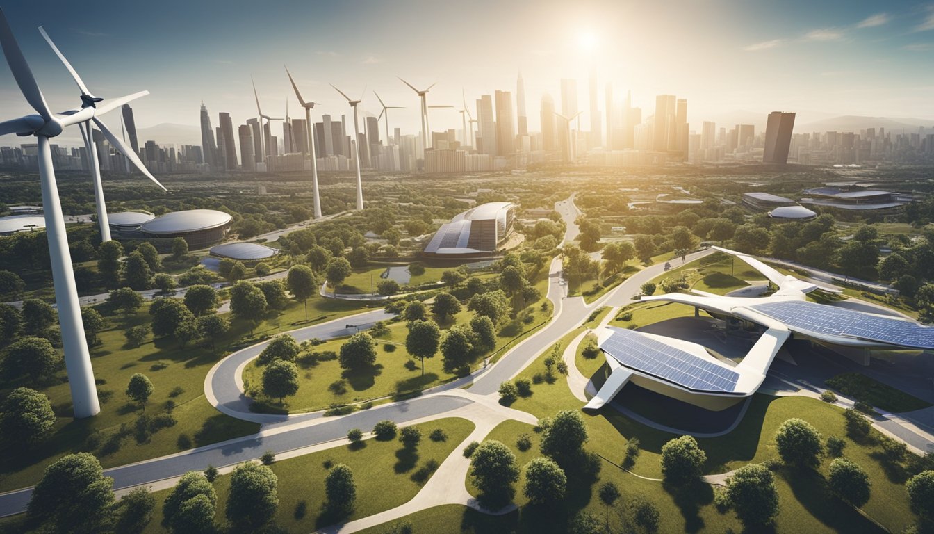 A bustling cityscape with modern, eco-friendly buildings and electric vehicles. Solar panels and wind turbines dot the skyline, showcasing sustainable energy