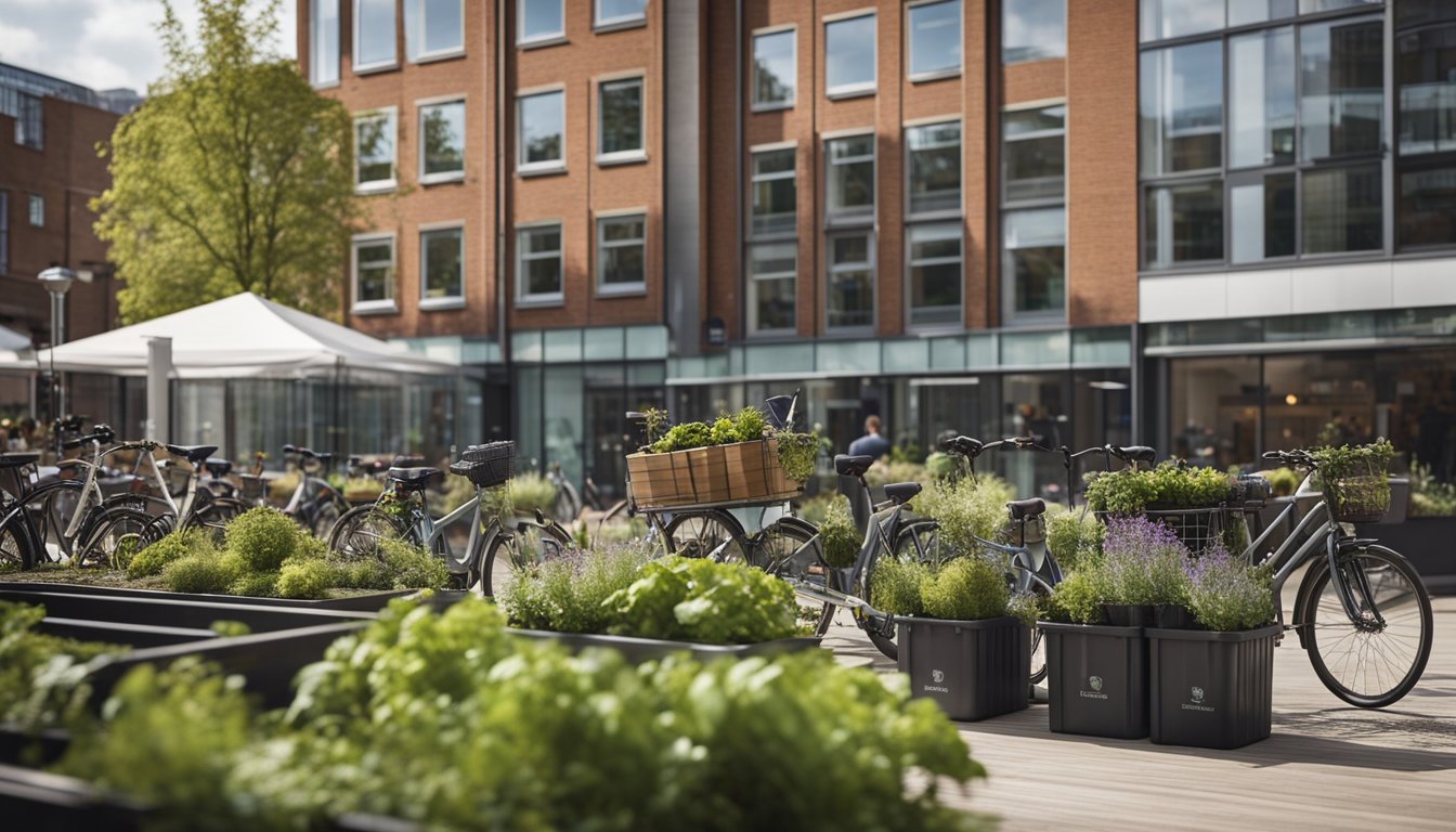 A bustling UK city street with eco-friendly shops, solar panels, and recycling bins. Bicycles and electric cars pass by, and a green roof garden adorns a modern office building