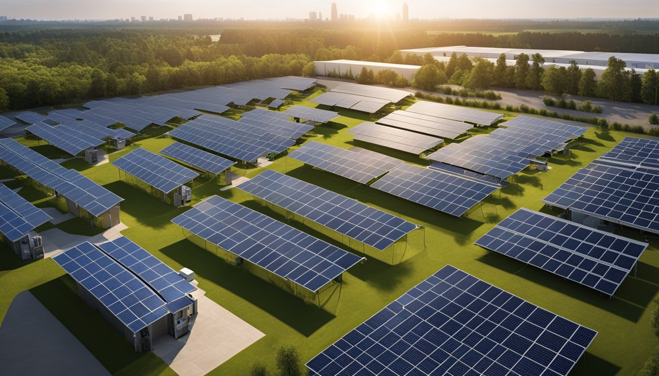 A warehouse with solar panels on the roof, electric delivery trucks, and recycling stations. Green logos and eco-friendly packaging visible