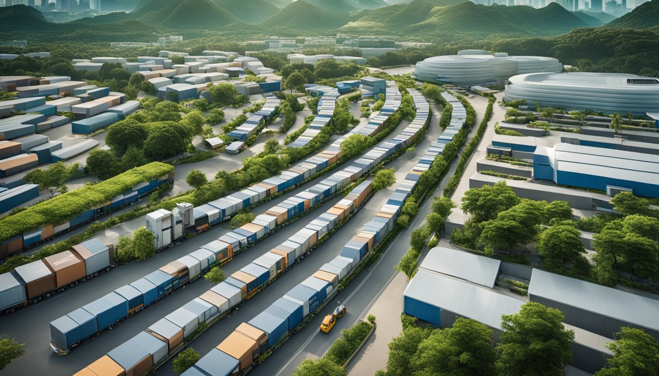 A bustling city skyline with eco-friendly transport vehicles and warehouses surrounded by lush greenery, showcasing the benefits of green logistics for businesses