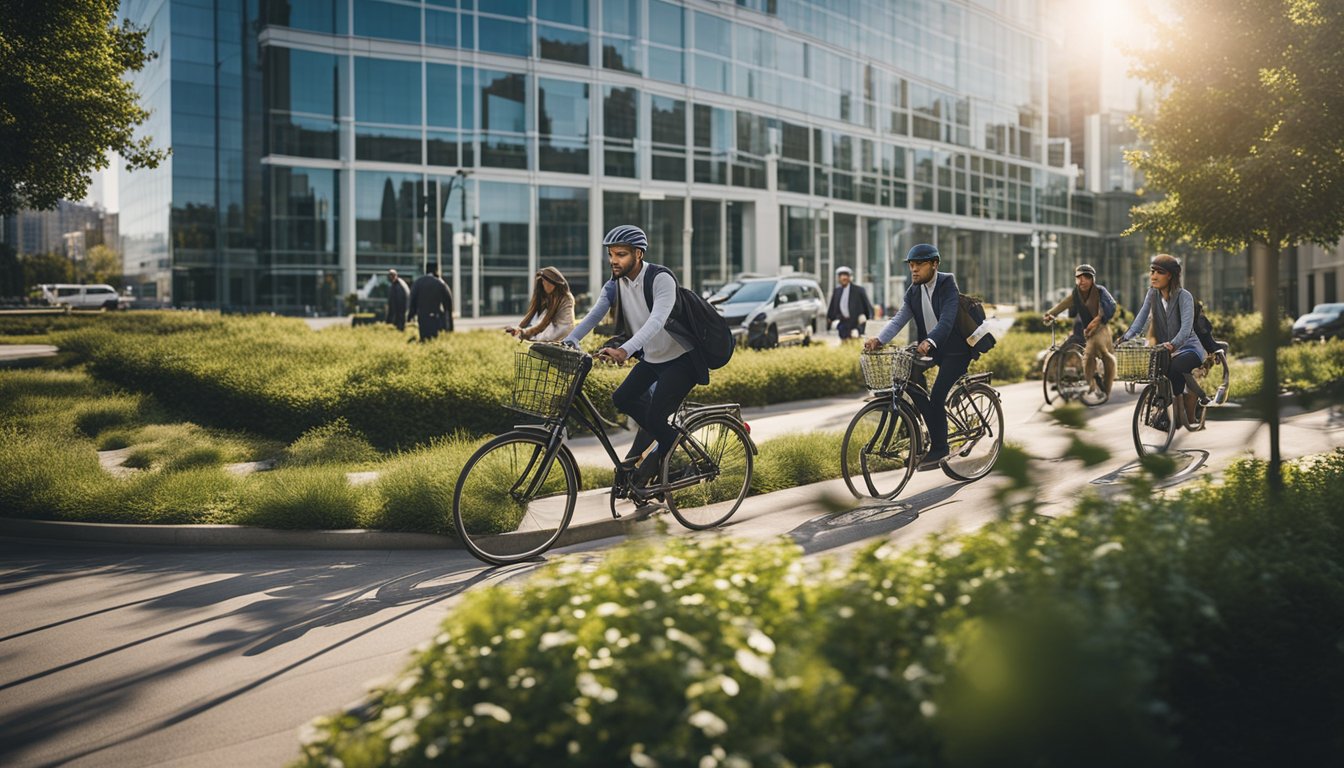 A group of eco-friendly corporate travelers using public transportation and bicycles to commute to work, with solar panels and wind turbines powering the office building