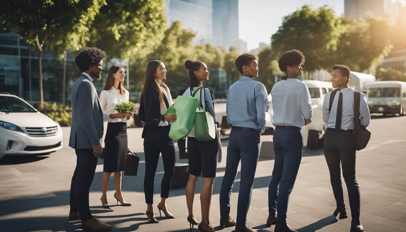 A group of eco-friendly corporate travelers discussing sustainable transportation options and recycling practices