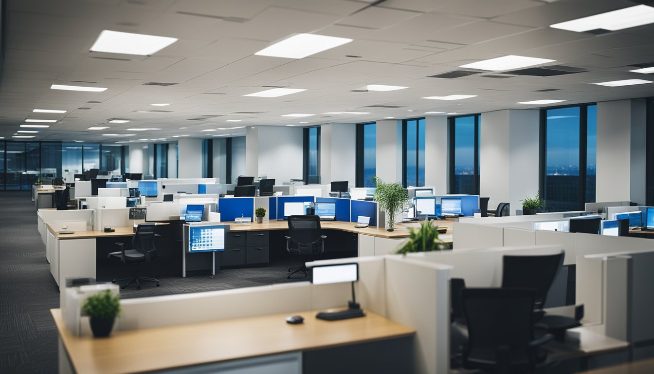 A bustling office with energy-efficient LED lighting, employees working under bright, eco-friendly illumination