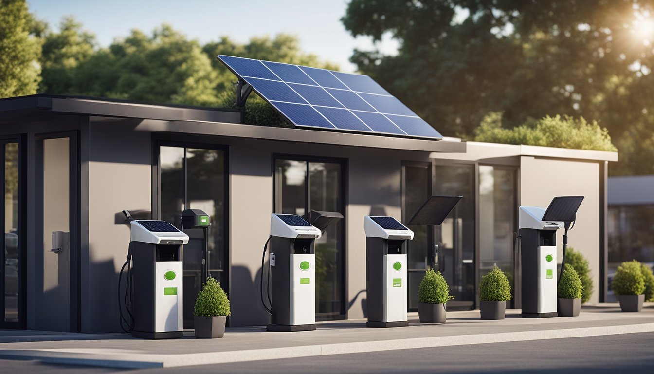 A small business office with solar panels, energy-efficient lighting, and recycling bins. E-vehicles charging stations outside. Digital devices and smart appliances in use