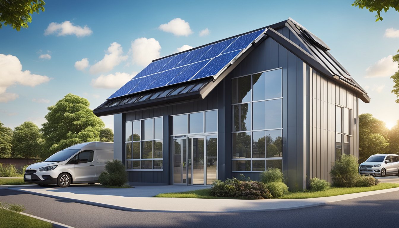 A small business office with solar panels on the roof, energy-efficient LED lighting, and recycling bins for paper, plastic, and glass