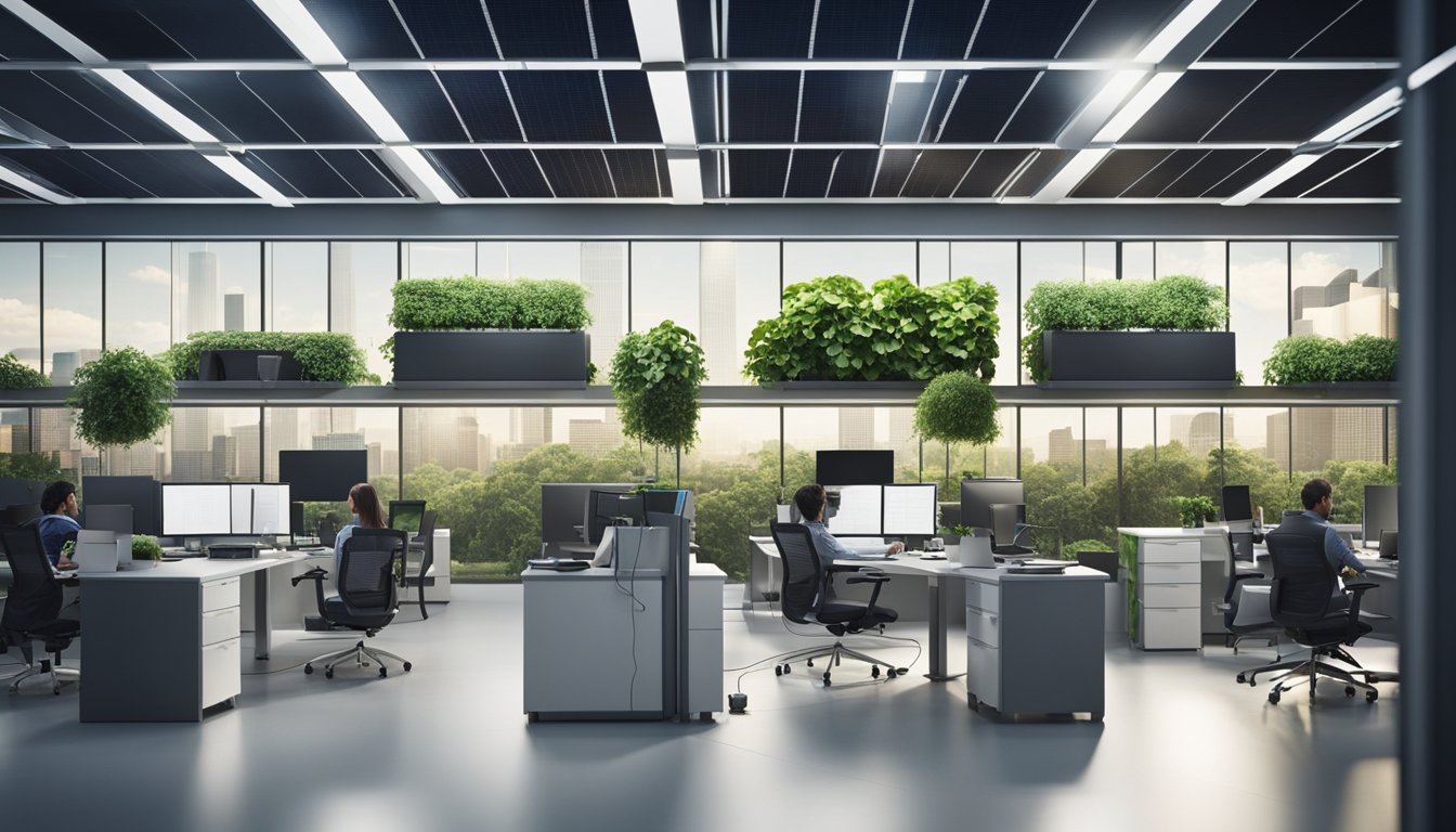 A bustling office with modern green technology, solar panels on the roof, electric vehicles charging, and employees using energy-efficient devices