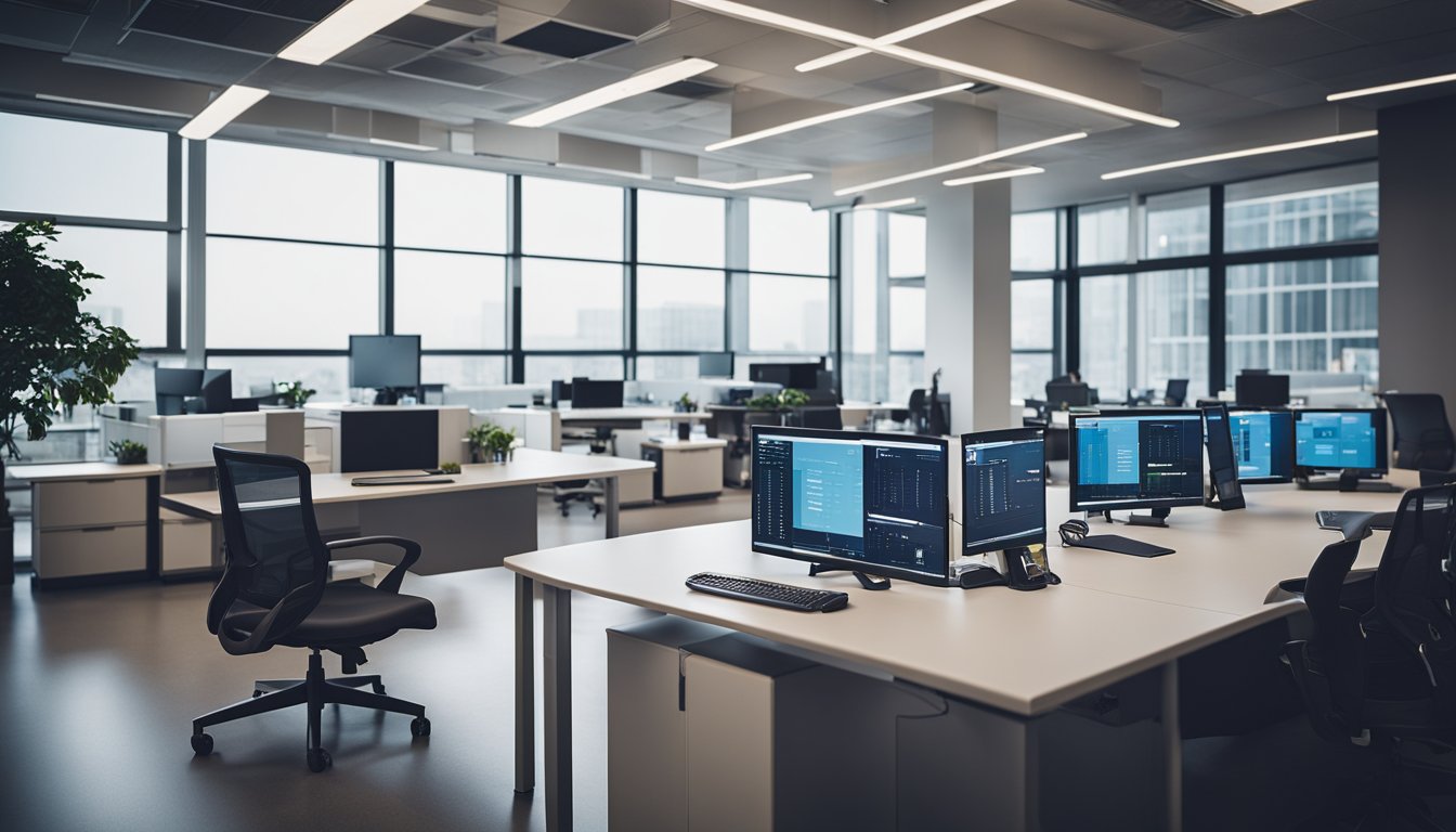 An office space with smart technology controlling lighting, temperature, and energy usage. Sensors and devices work together to create an efficient and comfortable environment