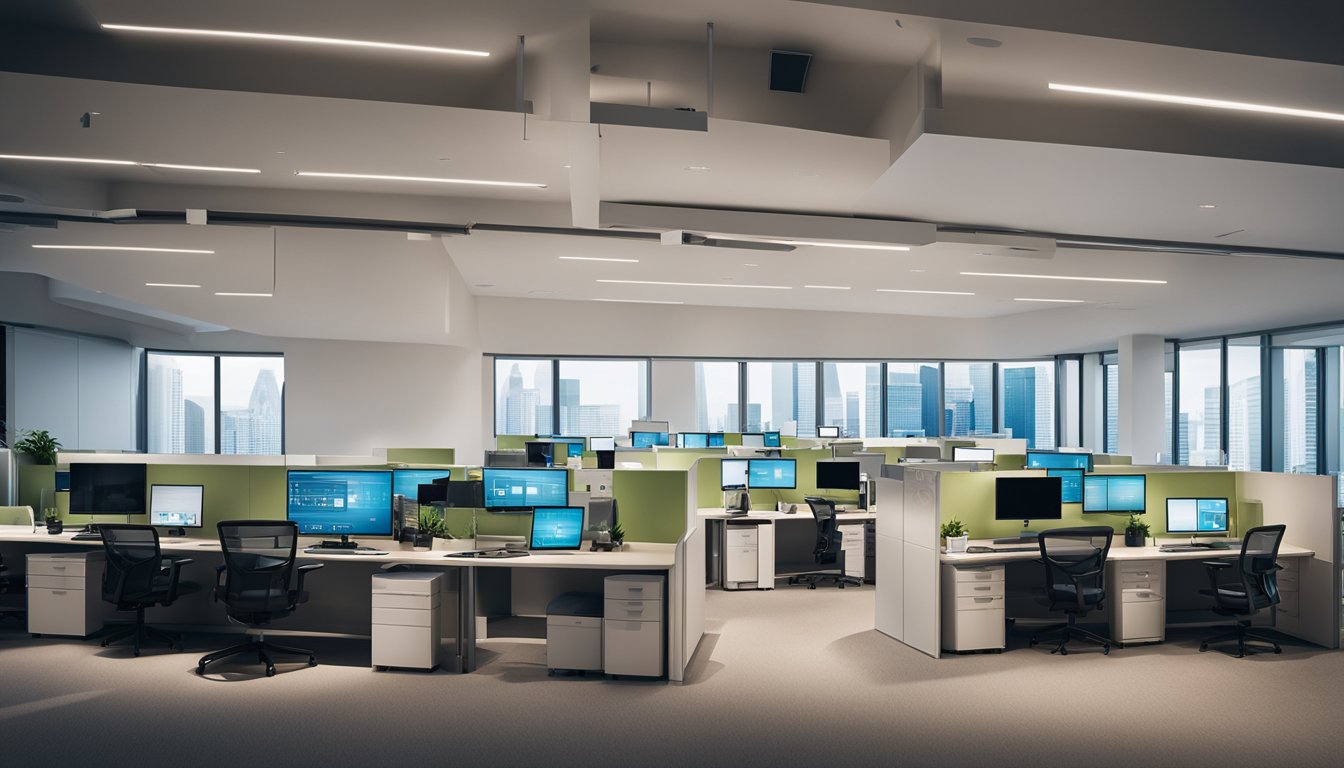 Smart office devices adjust lighting and temperature. Sensors monitor energy use. Devices are interconnected for efficiency