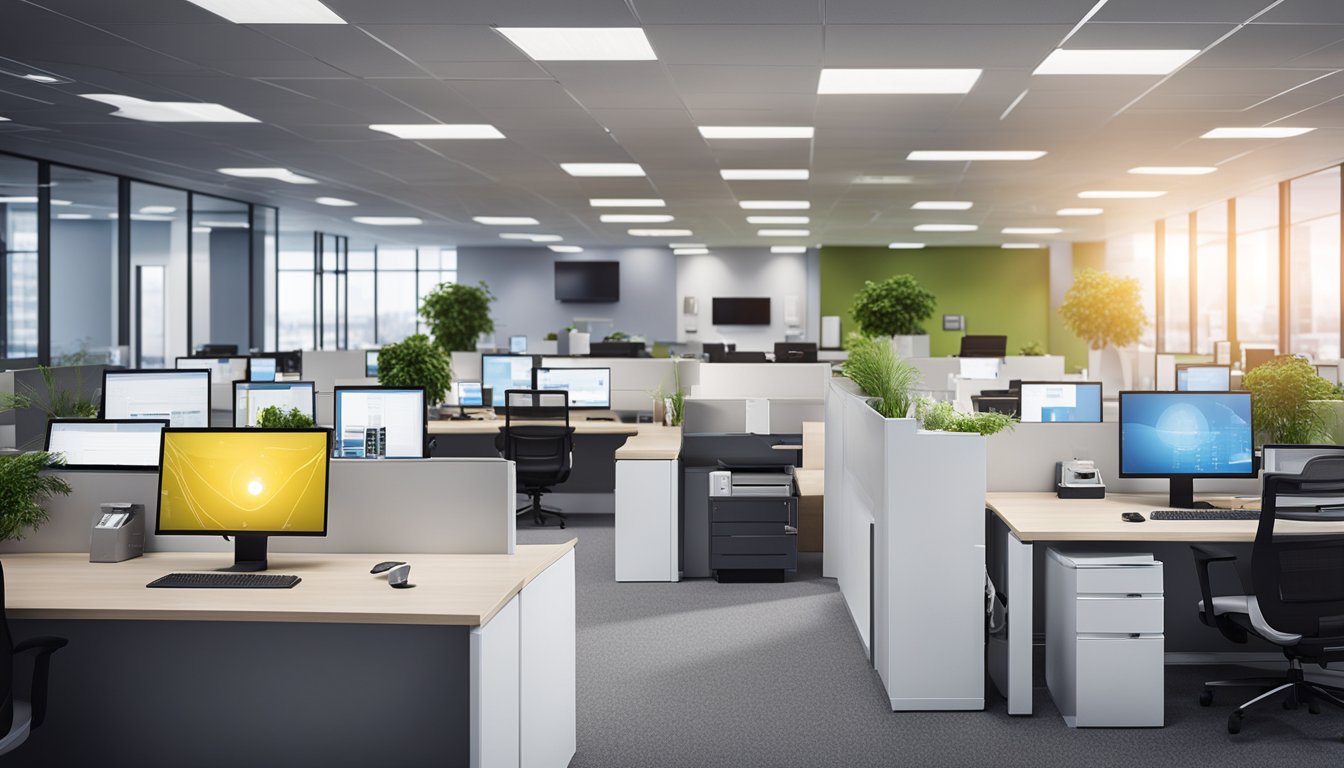 An office space with smart technologies, such as motion-sensing lights and energy-efficient appliances, operating seamlessly to reduce energy consumption