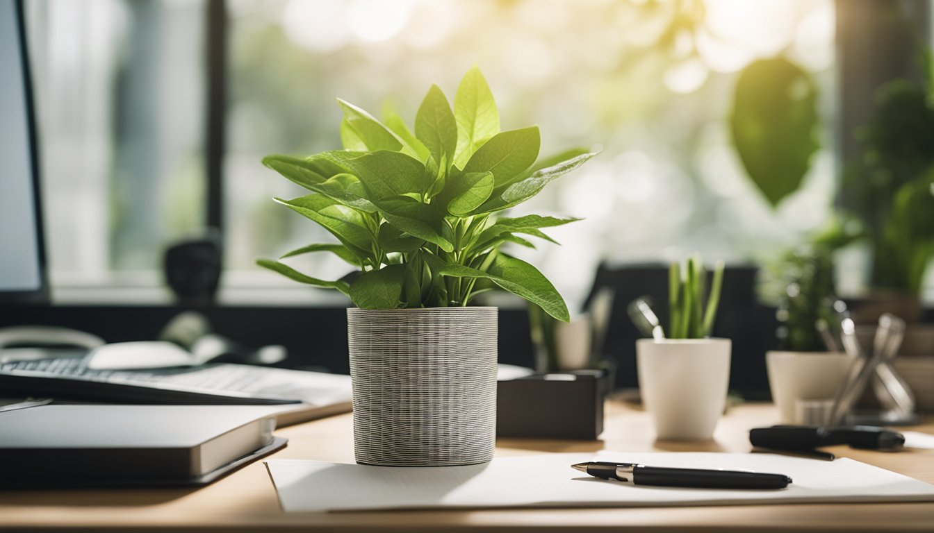 A desk with eco-friendly office supplies: recycled paper, biodegradable pens, and energy-efficient light bulbs. A plant sits on the corner, adding a touch of greenery to the workspace