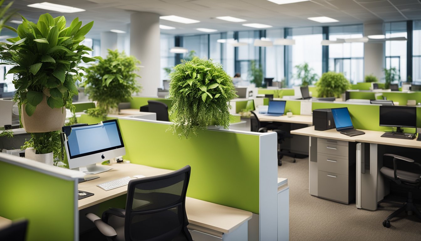 A bustling office space with recycling bins, energy-efficient lighting, and plants scattered throughout. Green office supplies, such as recycled paper and biodegradable pens, are neatly organized on desks