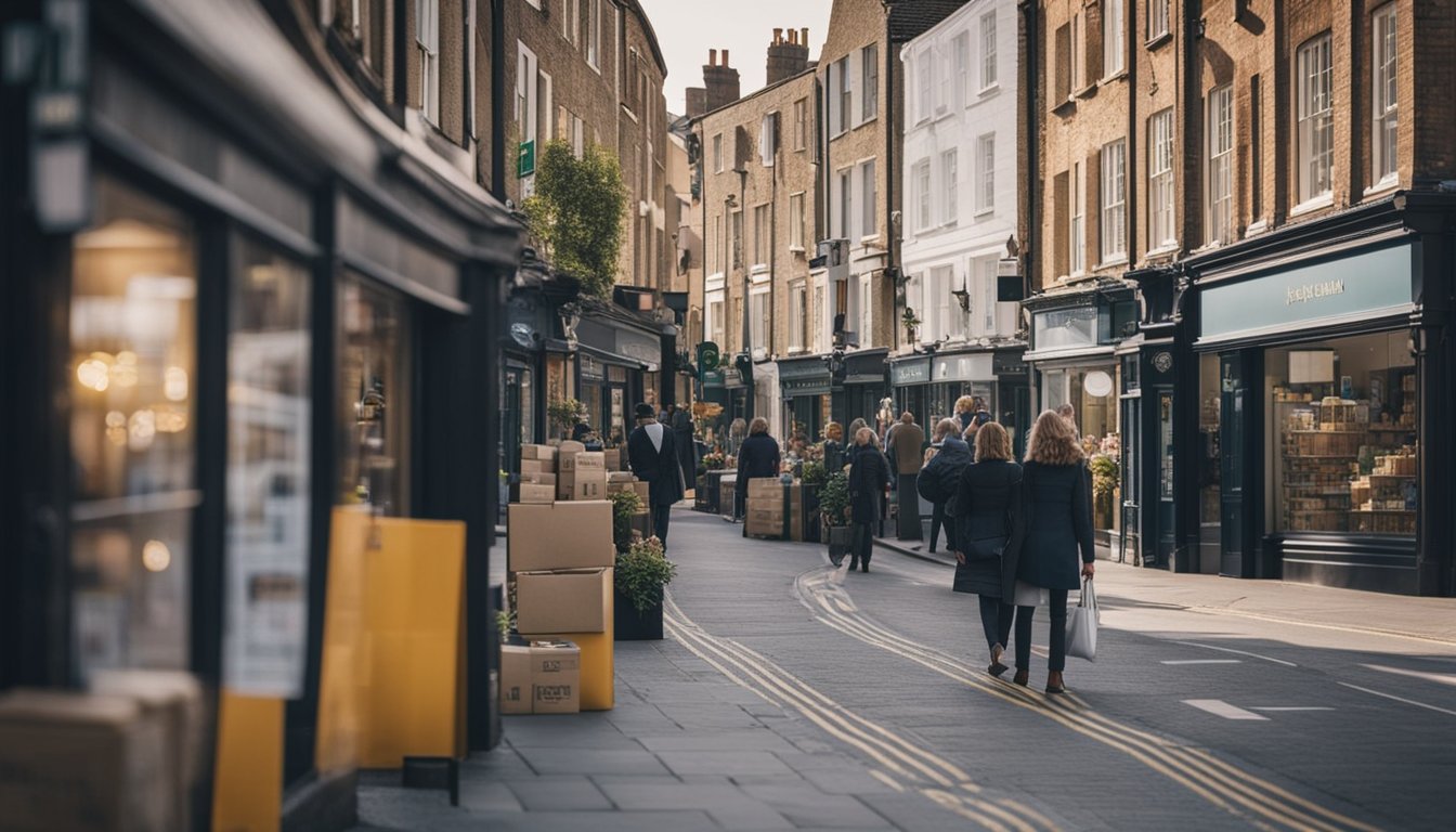 A bustling UK city street with various businesses showcasing eco-friendly packaging options. Recyclable materials and biodegradable products are prominently displayed