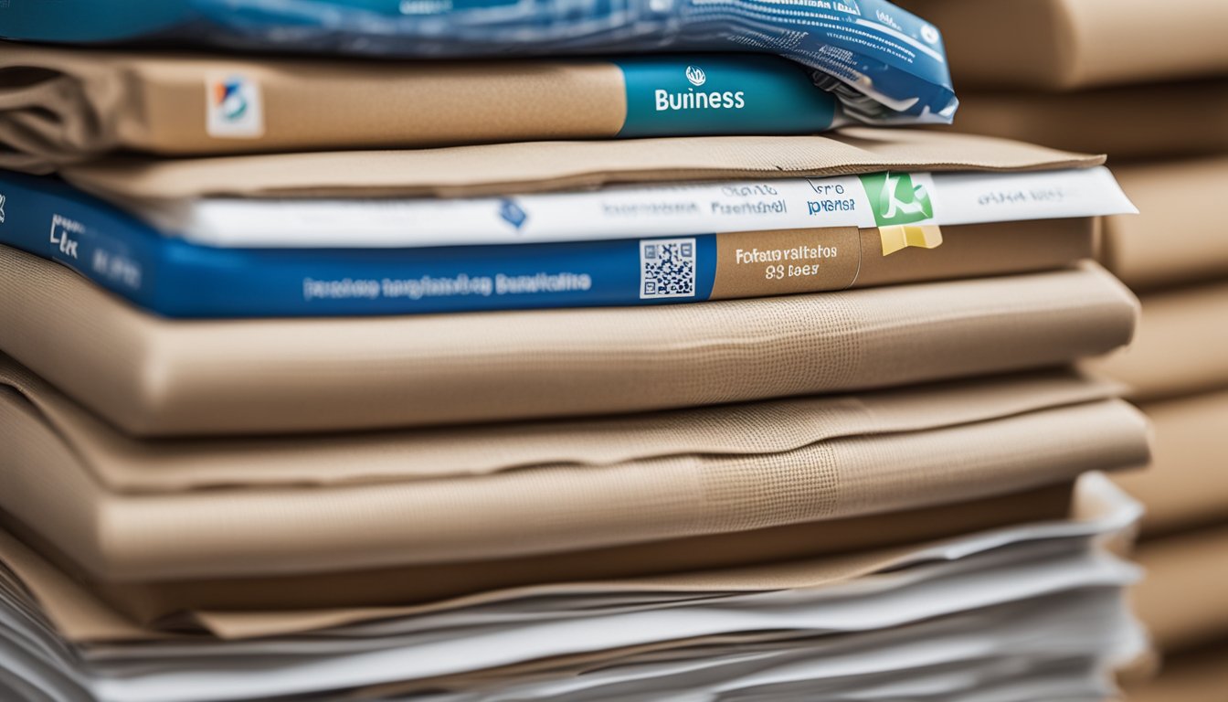 A stack of eco-friendly packaging materials with UK business logos