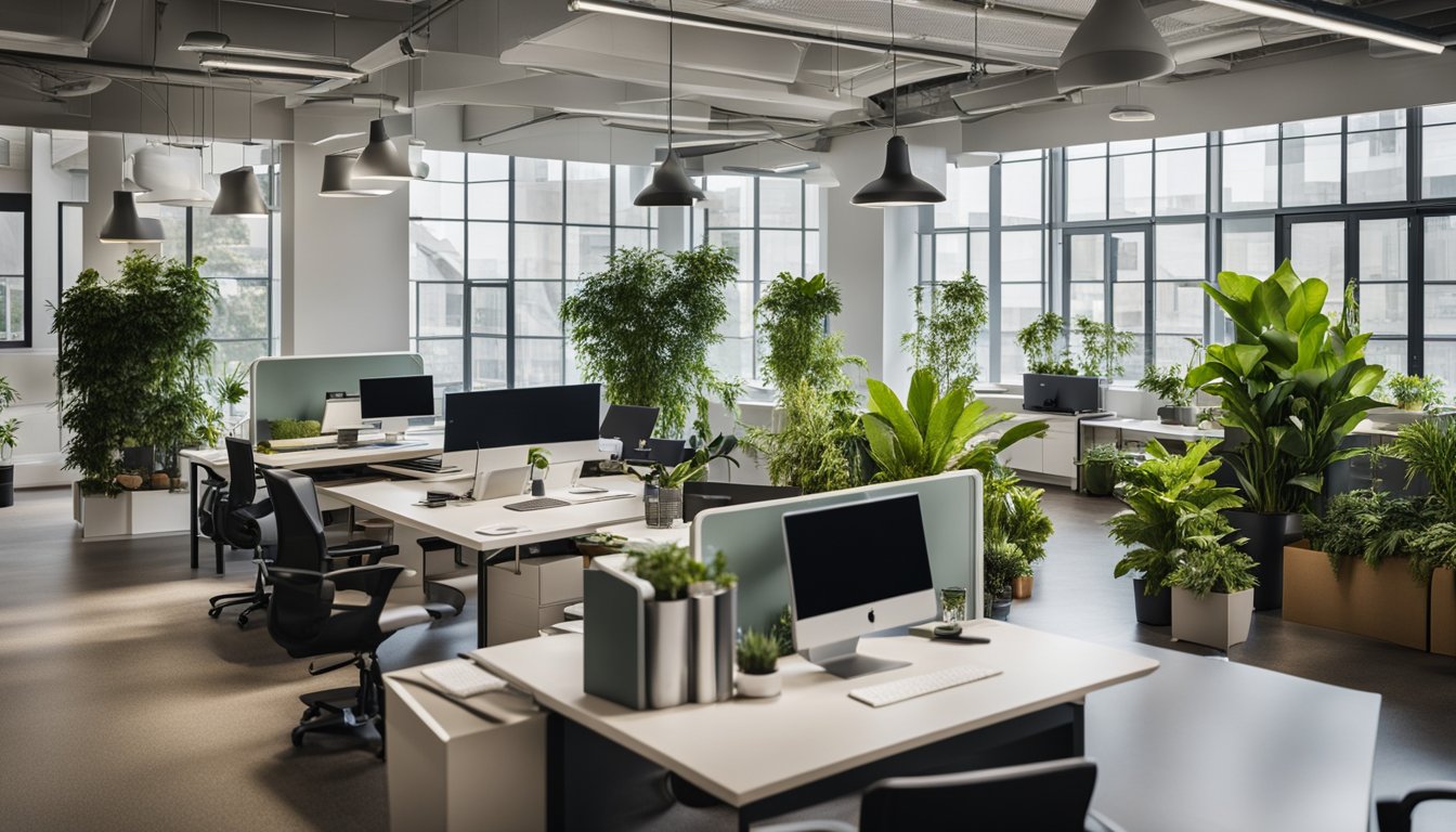 An office with energy-efficient lighting, recycling bins, and plants. Paperless workstations and reusable mugs. Eco-friendly cleaning supplies and sustainable furniture