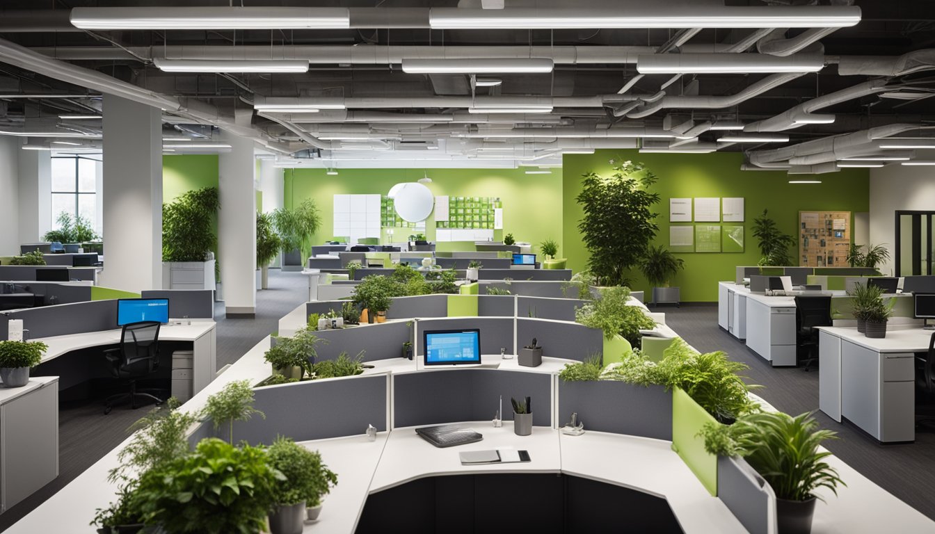 A bustling office with recycling bins, energy-efficient lighting, and indoor plants. Employees use reusable mugs and digital documents. Sustainable posters adorn the walls