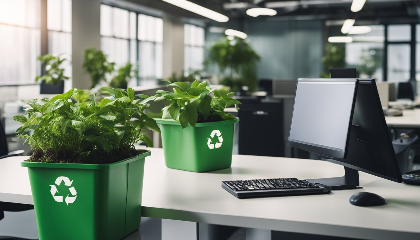 An office space with recycling bins, energy-efficient lighting, and indoor plants. A poster displaying sustainable office practices