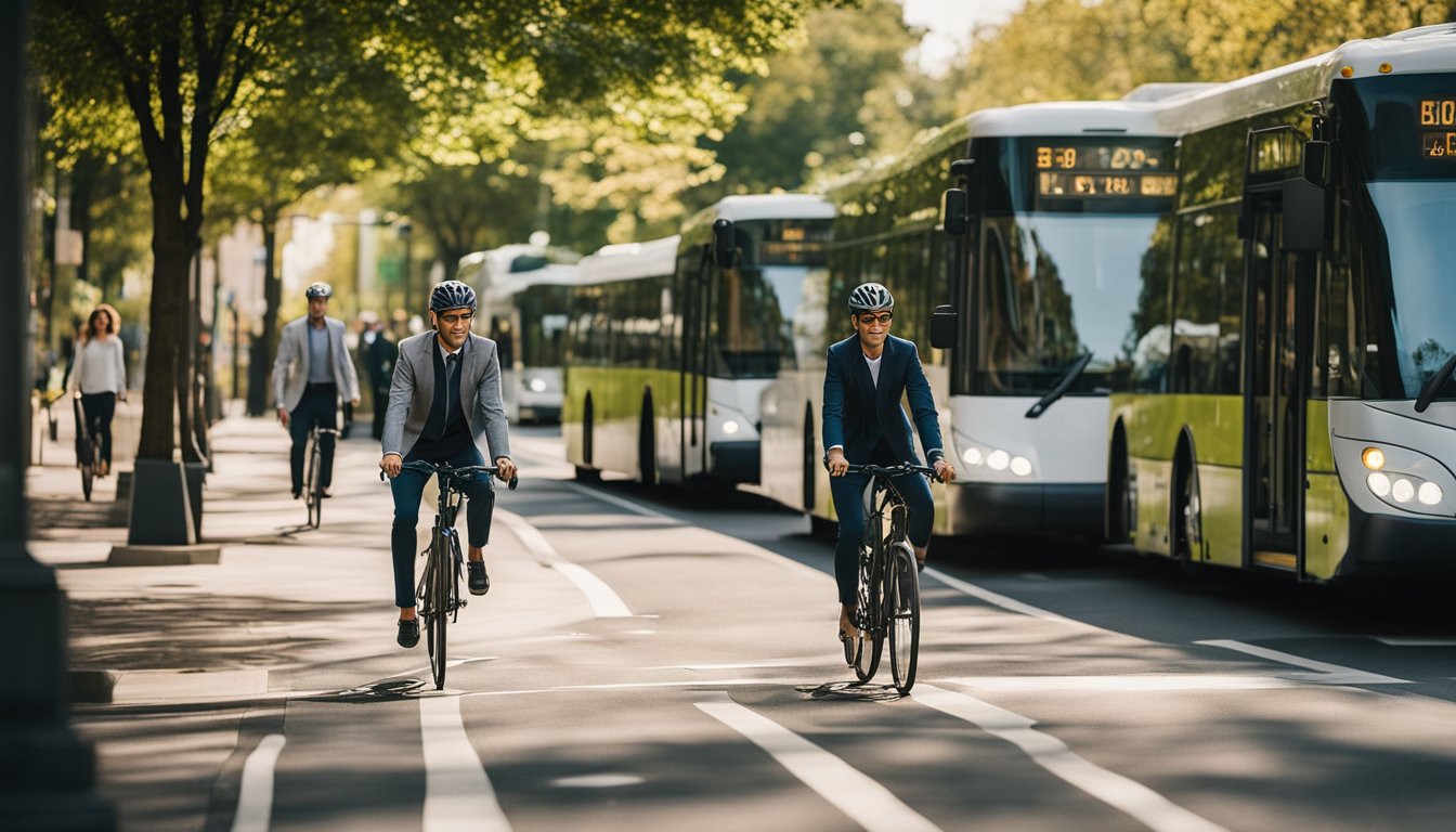 Employees biking, walking, or carpooling to work. Electric buses and trains in use. Bike lanes and pedestrian-friendly streets. Greenery and clean air