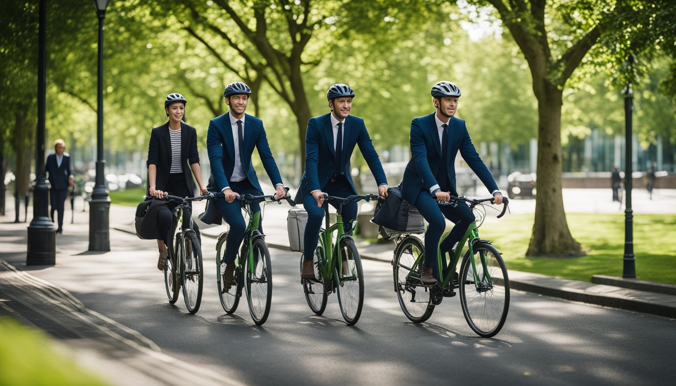 Employees in UK use eco-friendly transportation. Bicycles, public transit, and carpooling are common. Green landscapes and cityscapes in the background