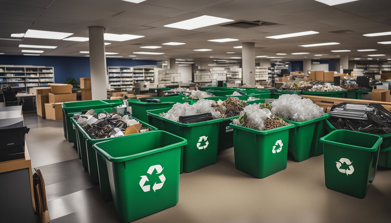 Office supplies being recycled into designated bins, with a prominent composting area and energy-efficient lighting