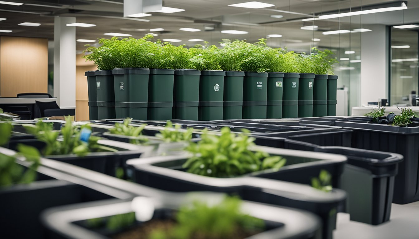 Office scene: Recycling bins for paper, plastic, and glass. Energy-efficient LED lighting. Employees using reusable water bottles and coffee mugs. Green plants and sustainable materials in office decor