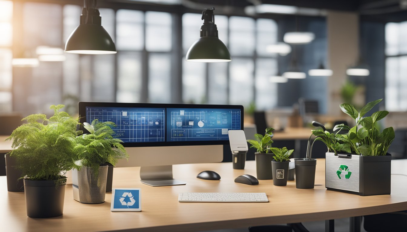 A desk with a recycling bin, paperless office signs, and reusable water bottles. Energy-efficient lighting and plants add a sustainable touch