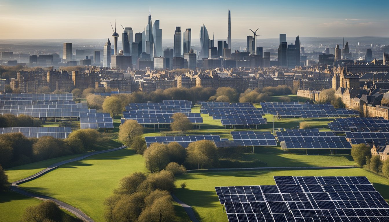 A bustling city skyline with solar panels and wind turbines, showcasing innovative energy solutions for UK businesses