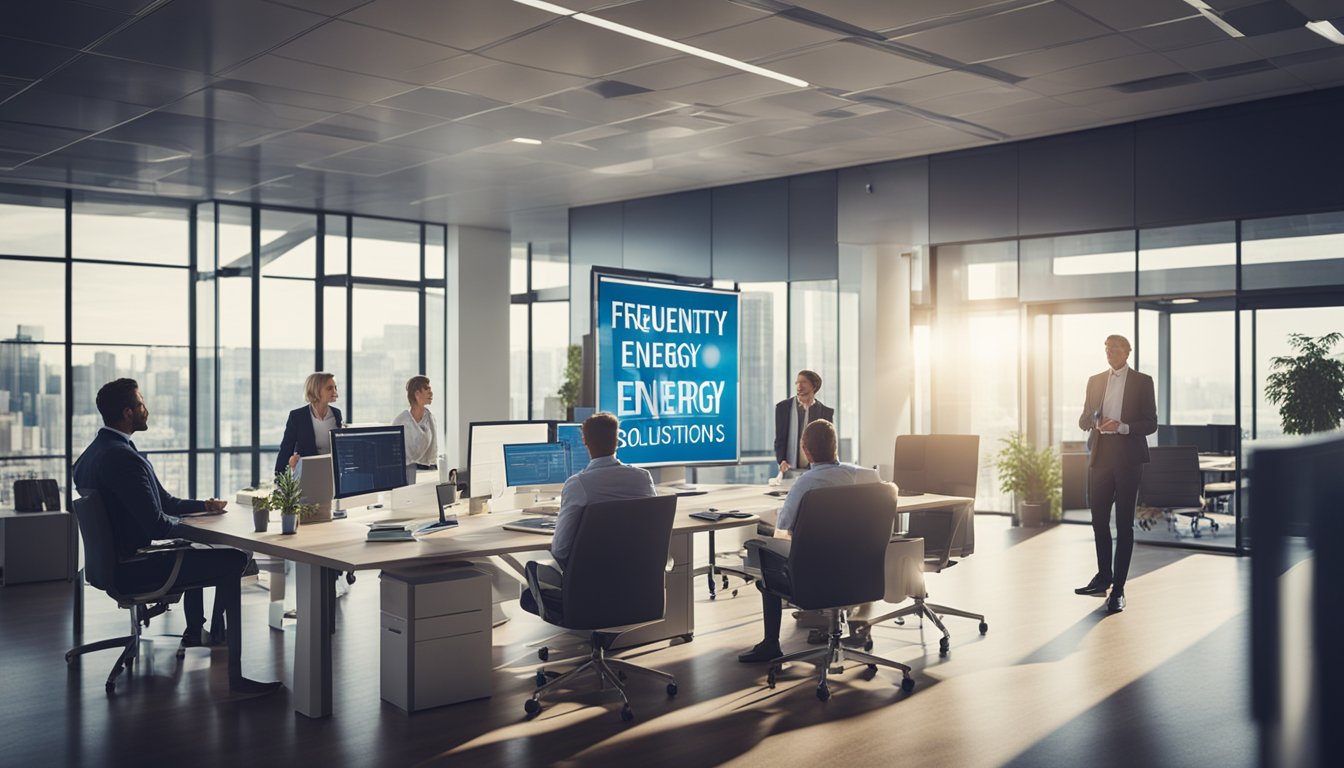 A bustling office with employees discussing energy solutions, while a large sign reads "Frequently Asked Questions: Innovative Energy Solutions for UK Businesses."