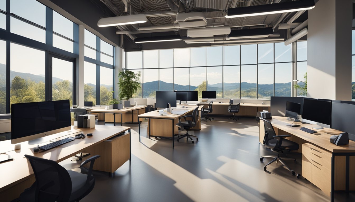 A modern office with large windows, solar panels on the roof, and a geothermal heating system. The room is warm and inviting, with energy-efficient LED lighting