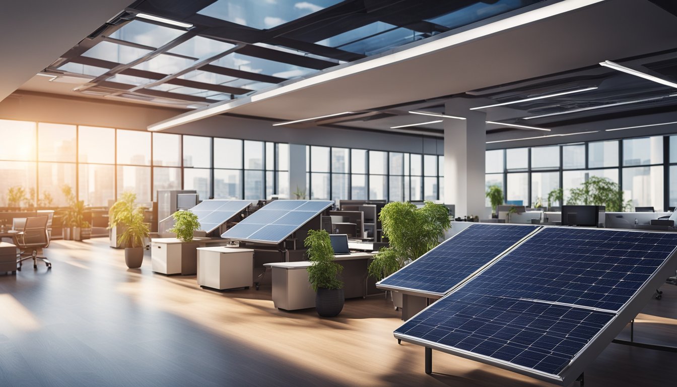 An office space with various sustainable heating technologies, such as solar panels, geothermal heating, and energy-efficient radiators, creating a comfortable and eco-friendly environment