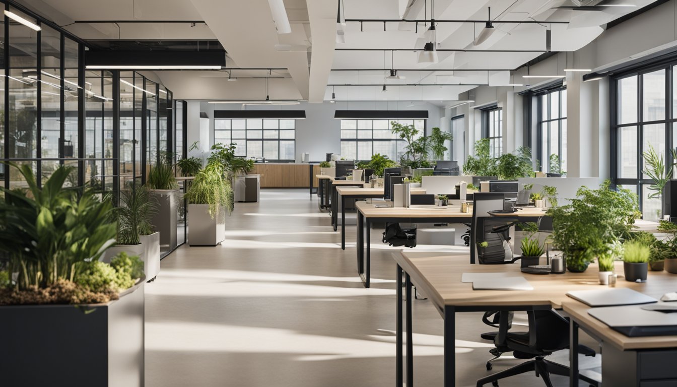 A modern office space with eco-friendly desks, chairs, and storage units. Large windows allow natural light to fill the room, and indoor plants add a touch of greenery