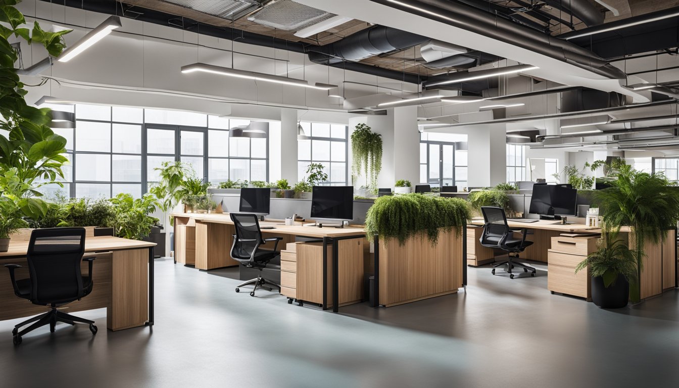 An office space with eco-friendly furniture, such as desks made from recycled materials and chairs with sustainable upholstery. Energy-efficient lighting and plants add to the sustainable atmosphere