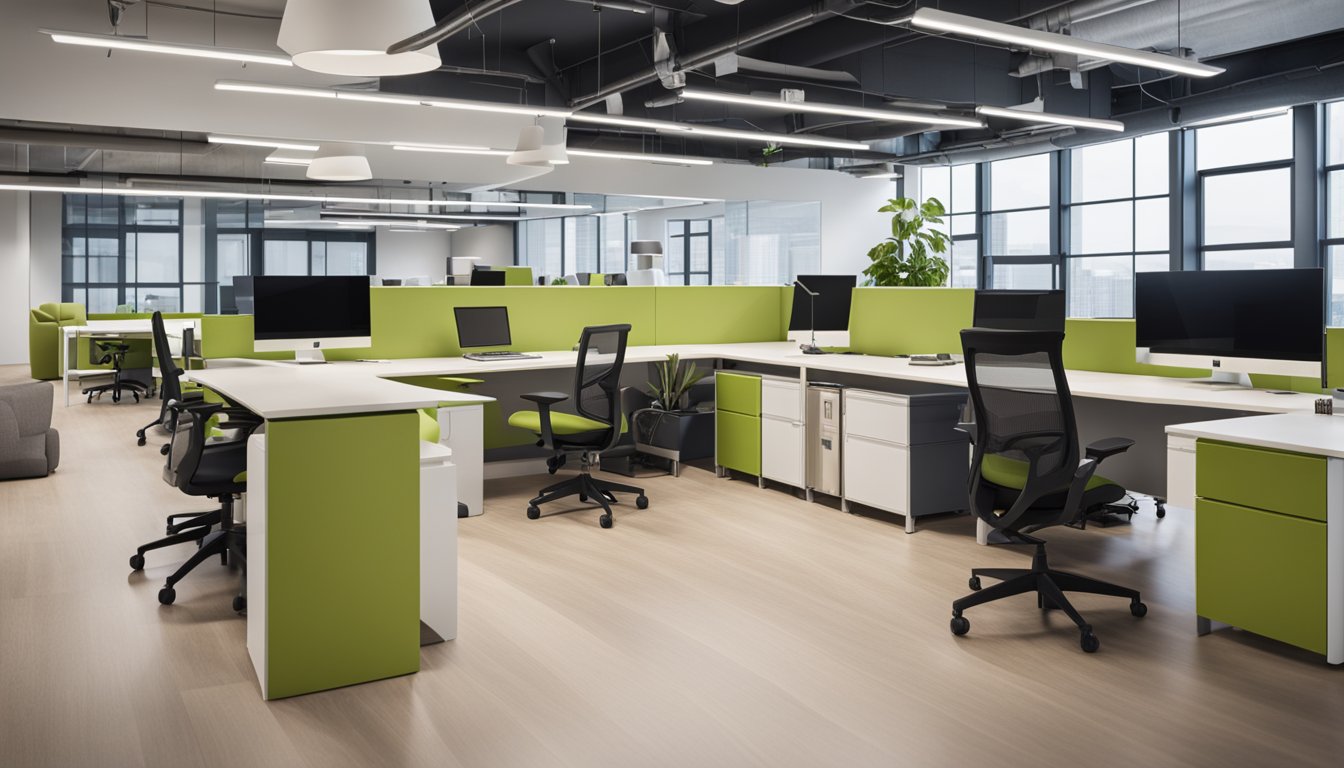 A modern office setting with eco-friendly furniture options displayed, including desks, chairs, and storage units. Sustainable materials and green certifications are highlighted