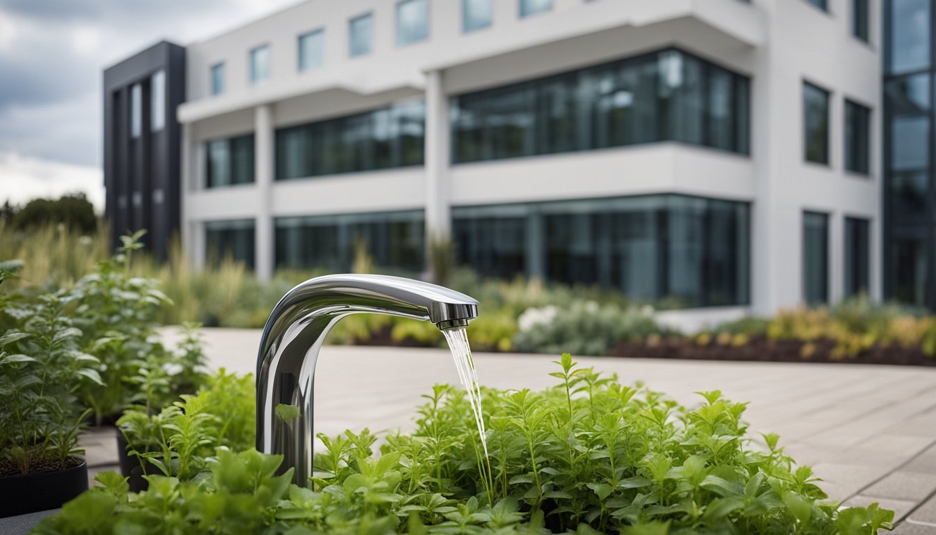 A modern UK business office with water-saving technologies in use, such as low-flow faucets and water-efficient appliances. Outdoor landscaping features drought-resistant plants and a rainwater harvesting system