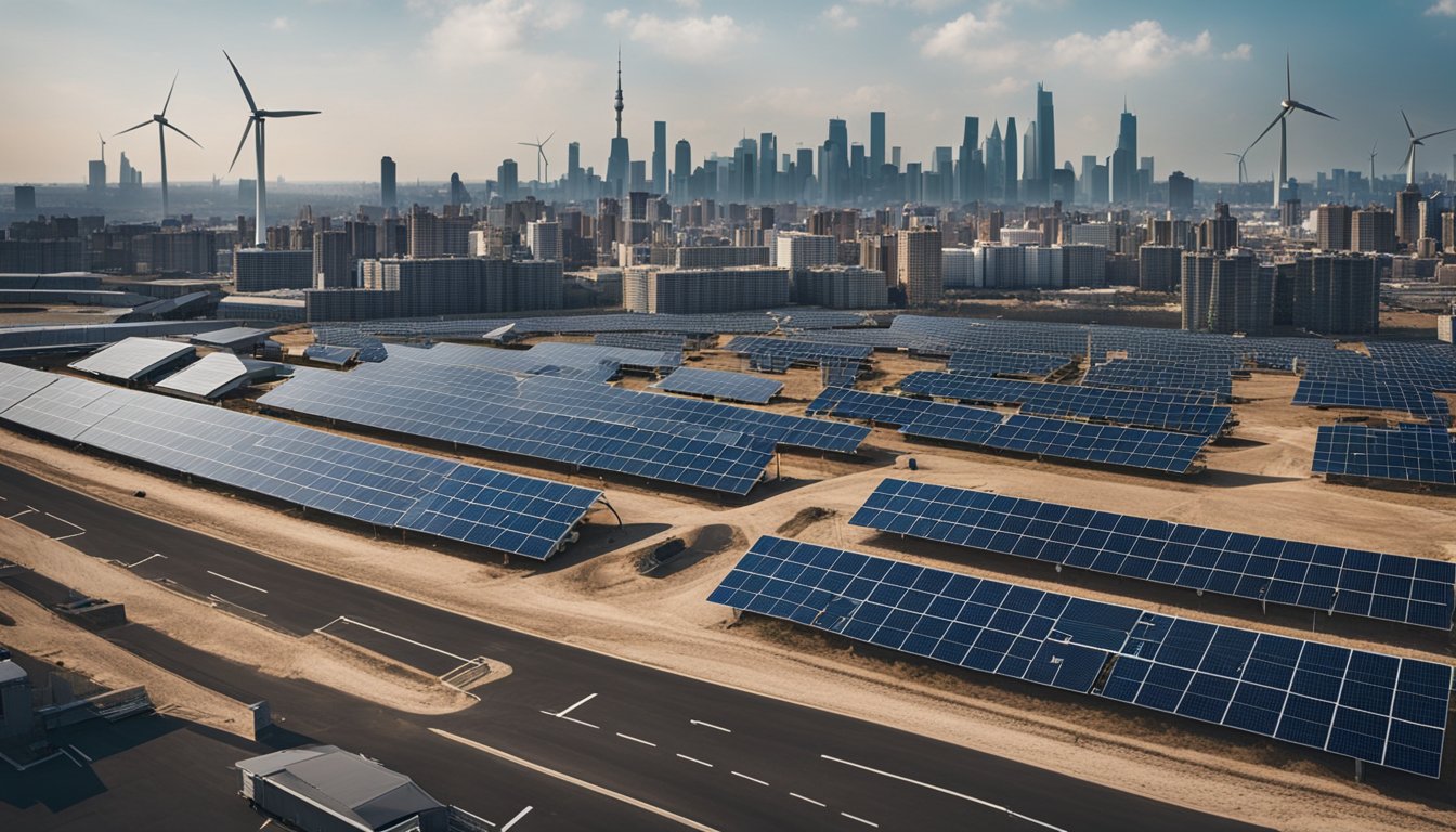 A bustling city skyline with solar panels on rooftops, wind turbines in the distance, and electric vehicles on the road