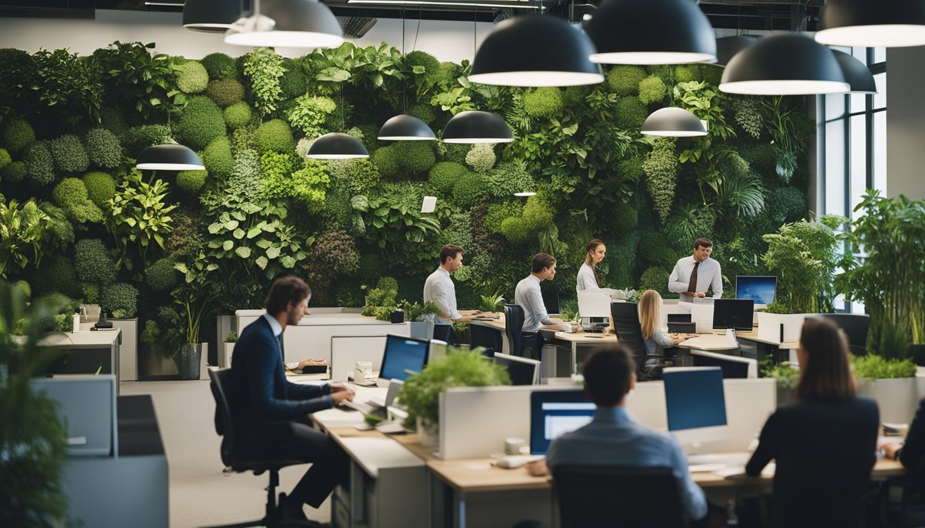 A bustling office with employees discussing eco-friendly practices, surrounded by green plants and sustainable materials