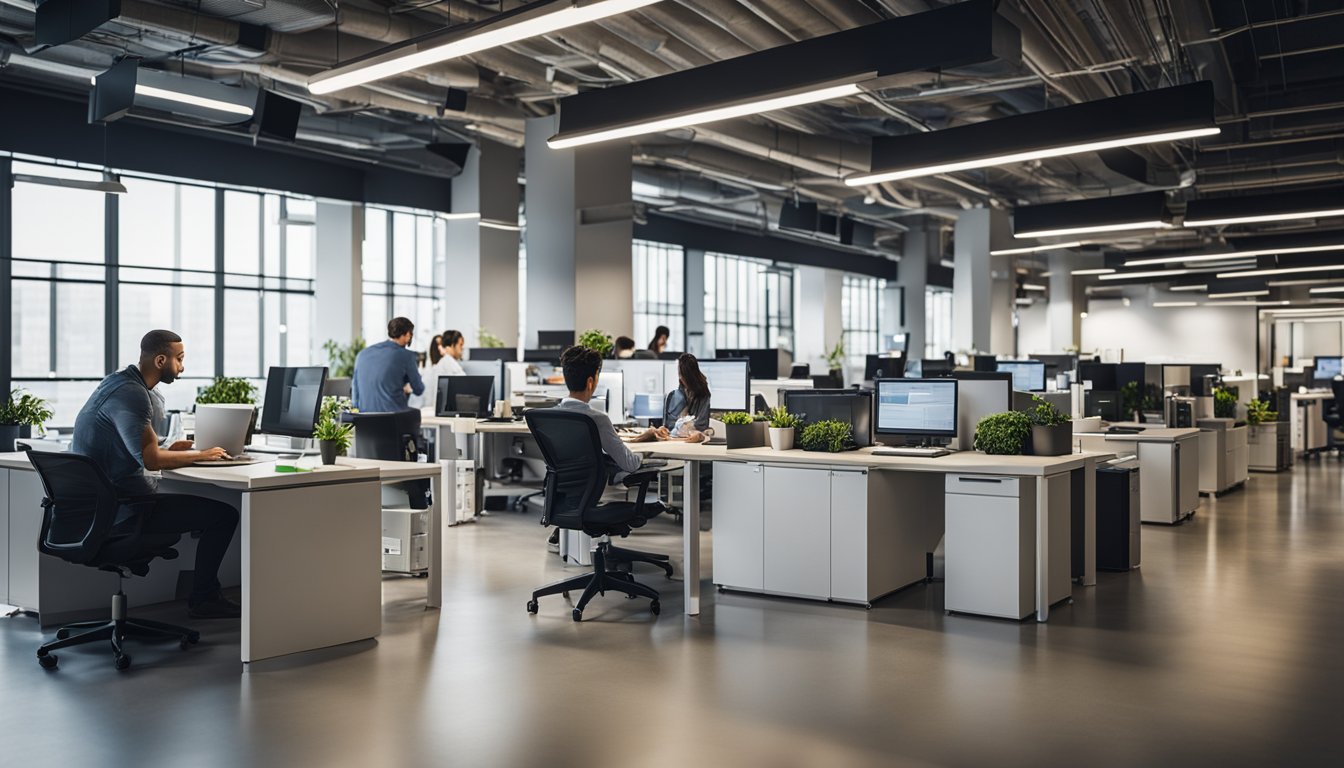 A bustling office with energy-efficient lighting, recycling bins, and employees using laptops and tablets