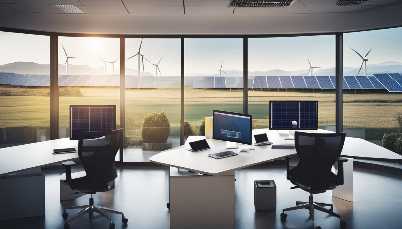 A small UK office with solar panels on the roof, wind turbines in the distance, and energy-efficient lighting and appliances inside