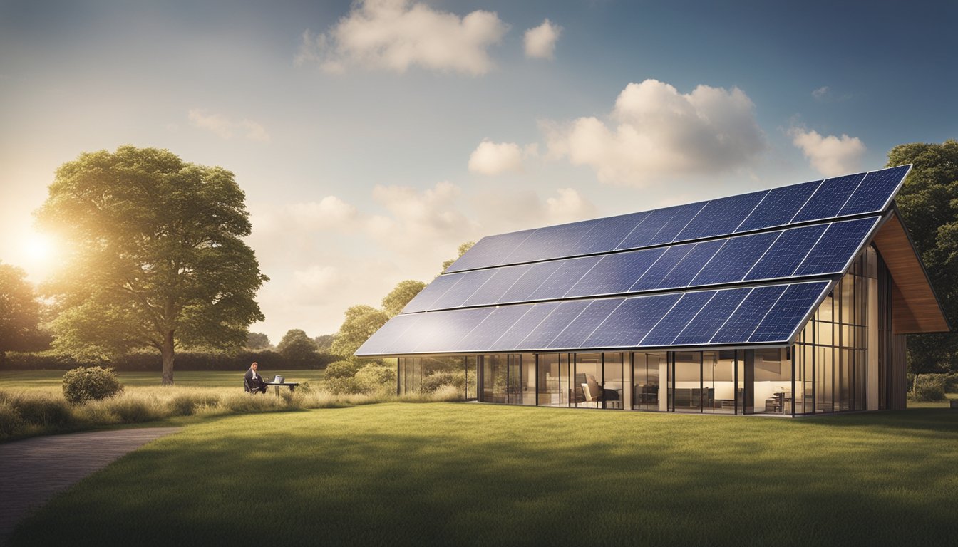 A small UK office with solar panels on the roof, wind turbines in the background, and energy-efficient appliances inside