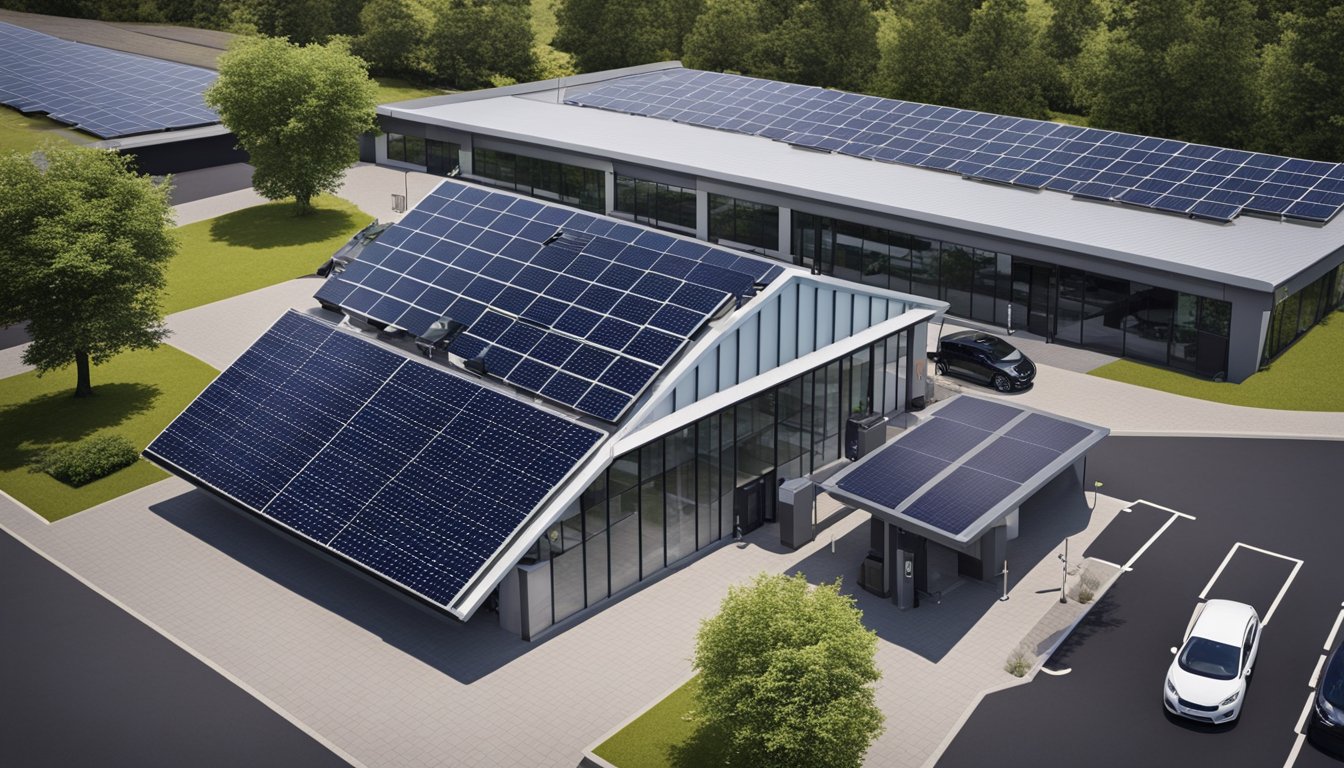 A small UK office with solar panels on the roof, wind turbines nearby, and electric car charging stations in the parking lot