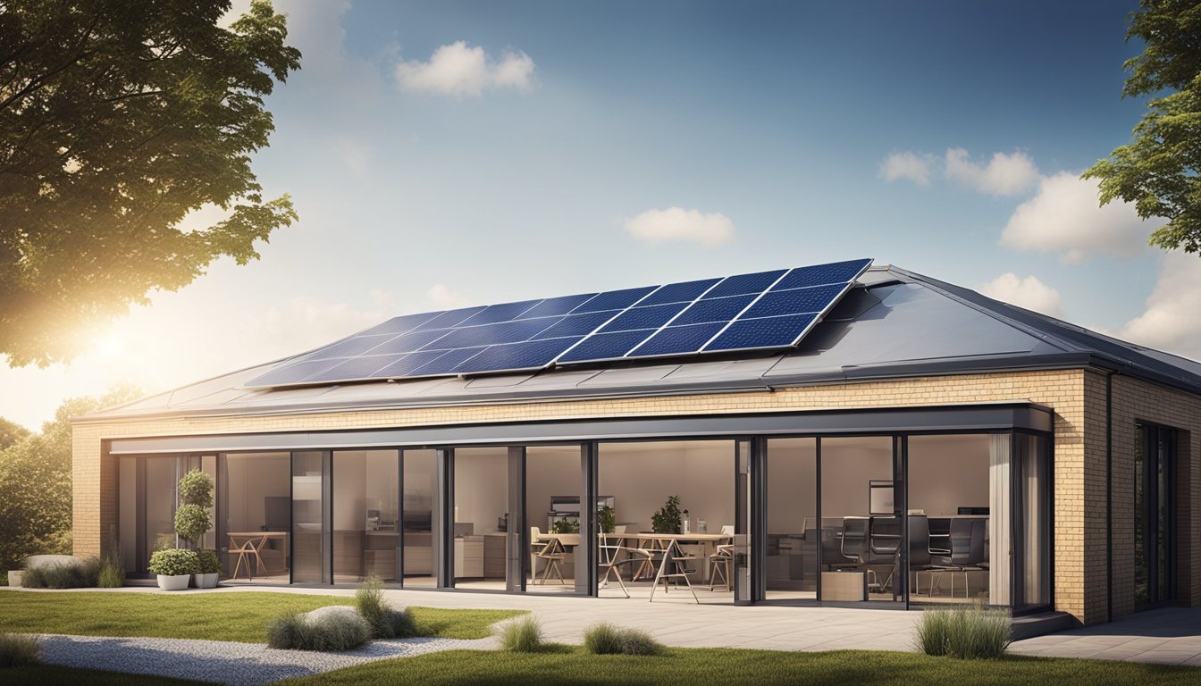 A small UK office with solar panels on the roof, wind turbines nearby, and energy-efficient appliances inside