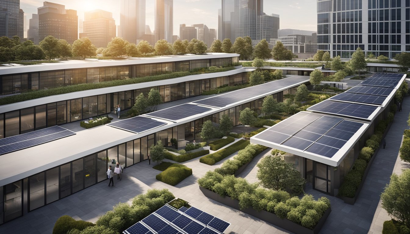 A bustling office building with solar panels, recycling bins, and greenery-filled outdoor spaces. Electric vehicles and bicycles parked in designated areas