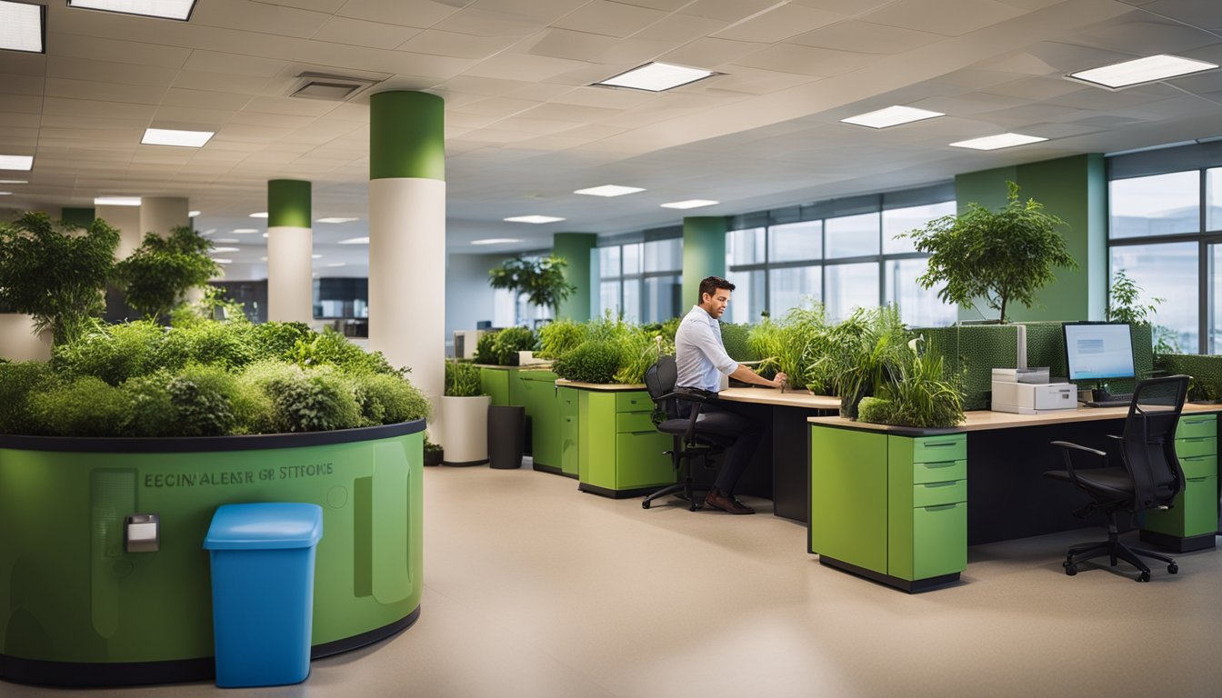 An office with eco-friendly decor, plants, and energy-efficient lighting. A recycling station and employees using reusable products