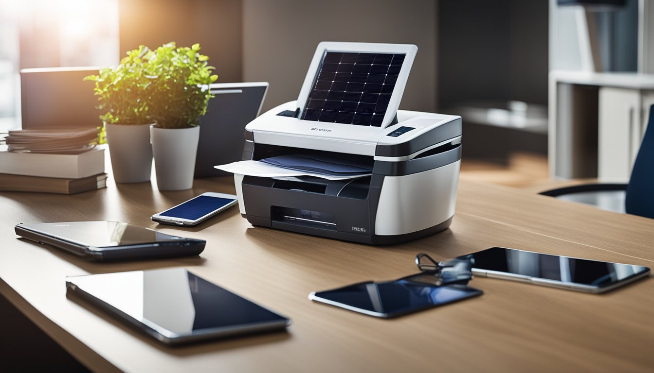 An office desk with solar-powered gadgets, a recycling bin, and energy-efficient appliances