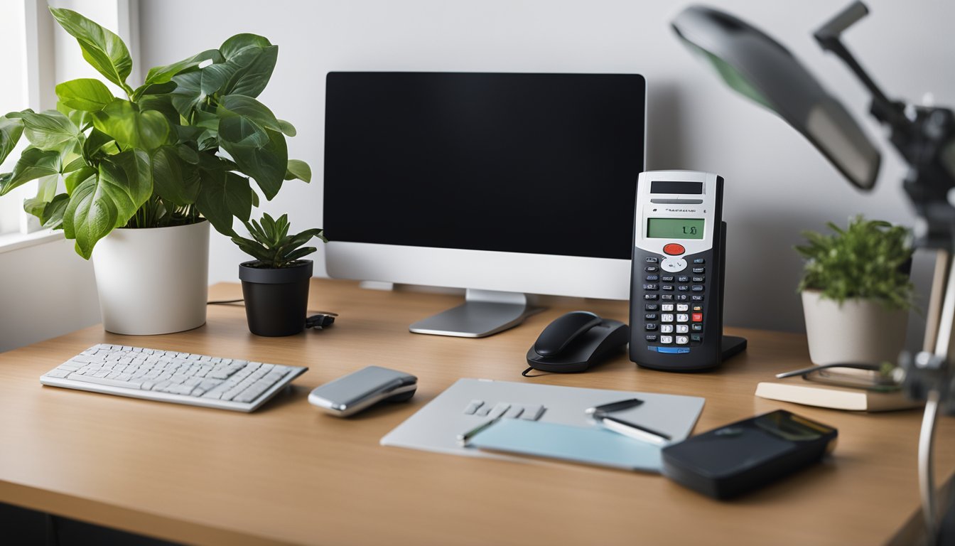 An office desk with eco-friendly gadgets like solar-powered calculators, LED desk lamps, and energy-efficient computer monitors. A recycling bin and potted plants add to the eco-friendly atmosphere