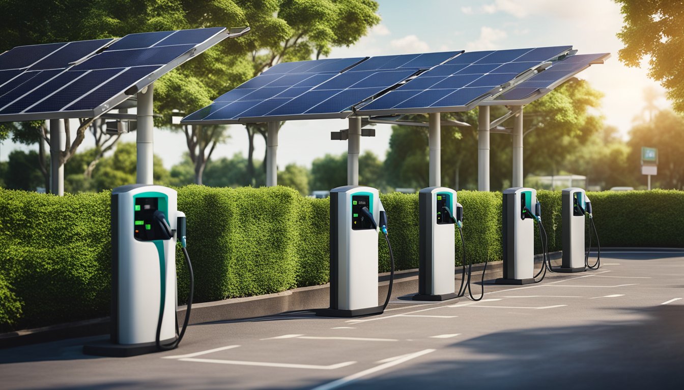 A bustling parking lot with multiple electric vehicle charging stations, surrounded by lush greenery and solar panels, showcasing the integration of sustainability and efficiency in business operations